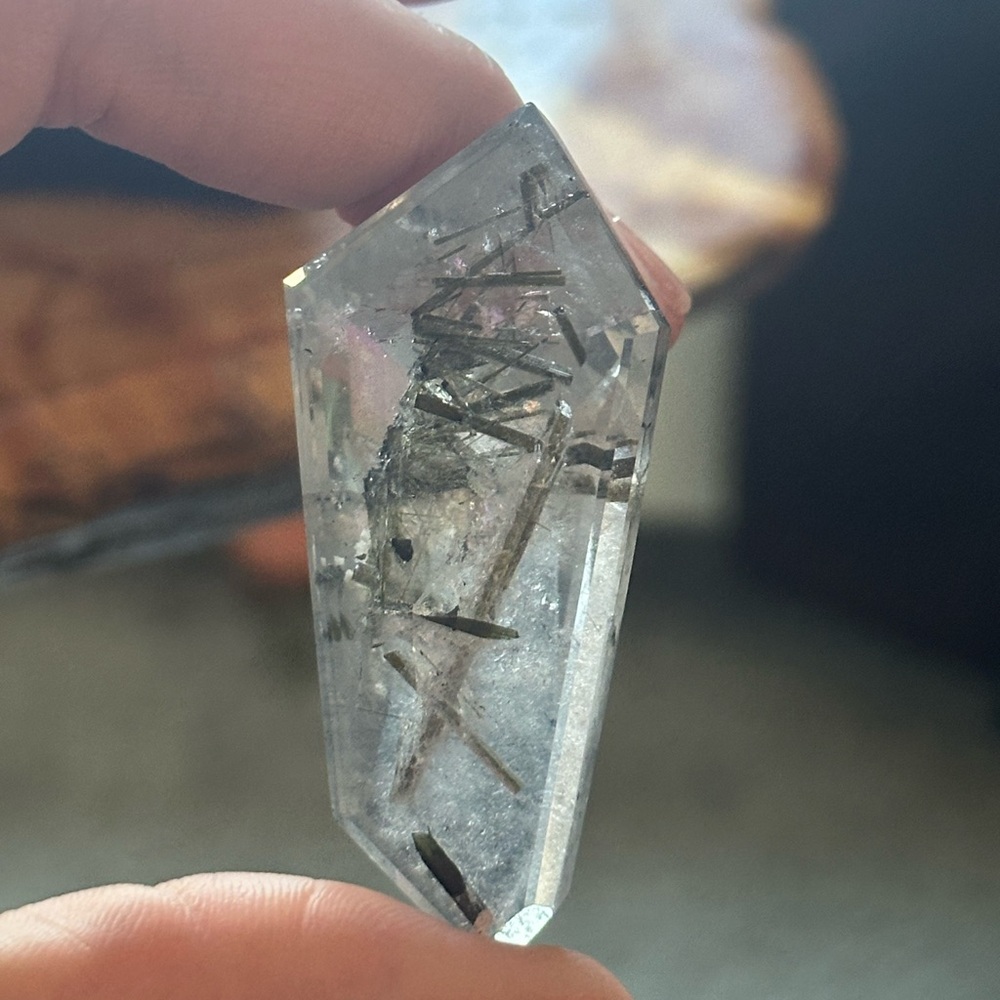 Faceted Clear Quartz Crystal with Green Tourmaline